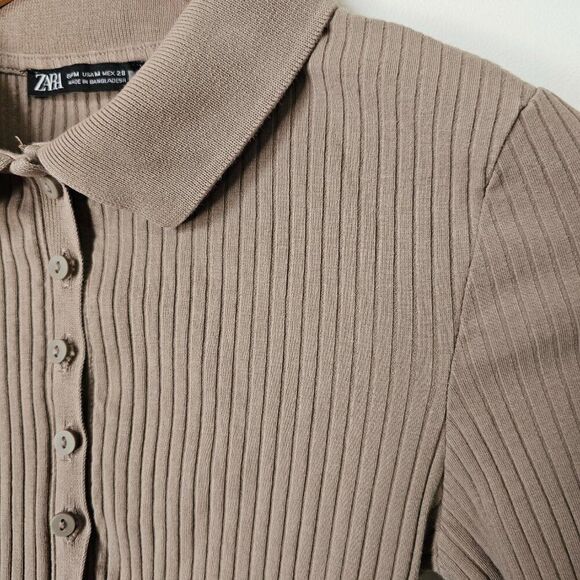 EUC ZARA TAUPE / TAN RIBBED HALF BUTTONED BODYSUIT LONGSLEEVES SIZE M - Picture 5 of 12